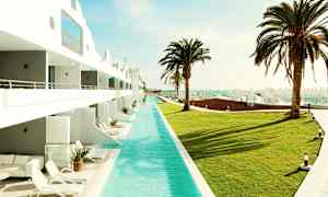 En pool ved et hotel med græsplæne og palmer. (AI-genereret tekst)