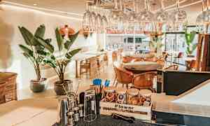 En moderne café med glas, store grønne planter og fletstole. (AI-genereret tekst)