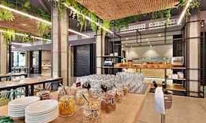 En buffet med glasbeholdere fyldt med forskellige slags morgenmadsprodukter og serveringsskåle i et moderne restaurantmiljø. (AI-genereret tekst)