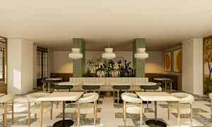 Interiør med siddegruppe, borde, stole og planter som dekoration. (AI-genereret tekst)