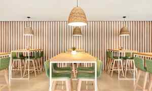 Billede af moderne restaurantinteriør med borde og stole i træ og grønt, og hængende lamper. (AI-genereret tekst)