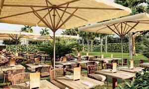 En udendørsrestaurant med borde og stole under parasoller, omgivet af grønne områder. (AI-genereret tekst)