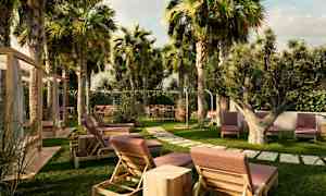 En have med liggestole, borde og stole blandt palmer og anden vegetation. (AI-genereret tekst)