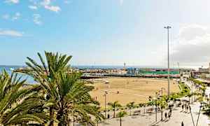 En strand med palmer, mennesker og bygninger i baggrunden. (AI-genereret tekst)