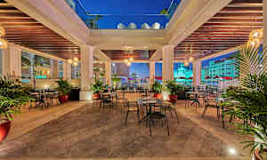 En udendørs servering med borde og stole under en tagkonstruktion, omgivet af palmer og belysning. (AI-genereret tekst)