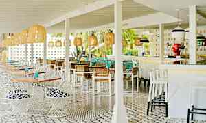 Et åbent udendørsområde med restaurantmøbler og lyse indretningsdetaljer, såsom hvide borde og stole samt kurve. Dekorative lamper hænger fra loftet. (AI-genereret tekst)