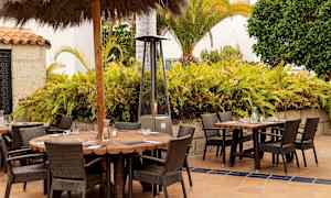 Udendørs siddegrupper med træborde og rottingstole foran en plantebeklædt baggrund. (AI-genereret tekst)