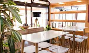 Lyst og moderne café med træborde og -stole. Plante i forgrunden. (AI-genereret tekst)