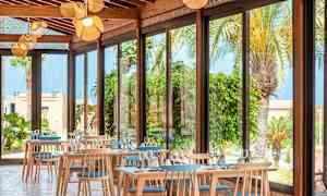 En restaurant med store vinduer og udsigt til palmer og planter. (AI-genereret tekst)