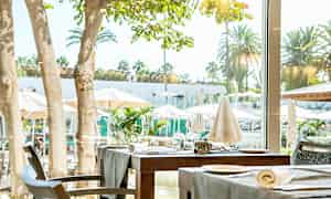 Billede af et dækket bord ved et vindue med udsigt til træerne og parasoller på en solrig terrasse. (AI-genereret tekst)