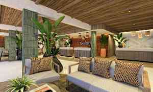 Hotellobby med sofagrupper, dekorative planter og reception. (AI-genereret tekst)