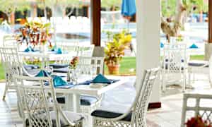 Et udendørsområde med hvide rottingstole og borde, dekoreret med blå servietter, og planter i baggrunden. (AI-genereret tekst)