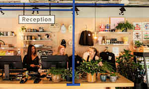 Receptionen med medarbejdere bag en receptionsdisk, planter og dekorative genstande på hylderne i baggrunden. (AI-genereret tekst)