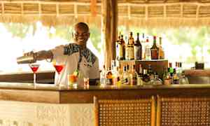 En bartender hælder drikke op i cocktailglas ved en bar. (AI-genereret tekst)