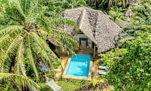 En bungalow med stråtag omgivet af grønne områder og en pool foran bygningen. (AI-genereret tekst)