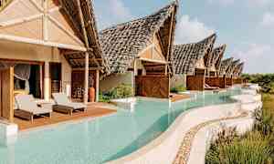 Billedet viser en række villaer med stråtag, der har private pools foran, omgivet af vegetation. (AI-genereret tekst)