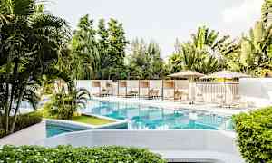 Poolområde med liggestole og parasoller omgivet af frodig beplantning. (AI-genereret tekst)