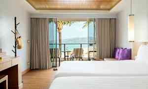 Hotelværelse med to senge, skrivebord og balkon med udsigt over stranden. (AI-genereret tekst)