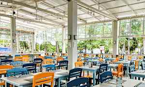 Restaurant med farverige stole og udsigt til grønne omgivelser. (AI-genereret tekst)