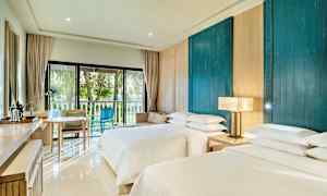 Et hotelværelse med to senge, et skrivebord og udgang til en balkon med udsigt til grønne træer. (AI-genereret tekst)