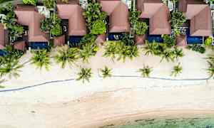 Luftfoto af strandnære bungalows omgivet af vegetation og palmer. (AI-genereret tekst)