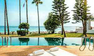 Strandnært poolområde med liggestole og omgivende palmer. (AI-genereret tekst)