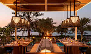 En udendørs restaurant med udsigt over havet, omgivet af planter og palmer. Bordene er dækket med glas og tallerkener, og loftlamper hænger ovenfor. (AI-genereret tekst)