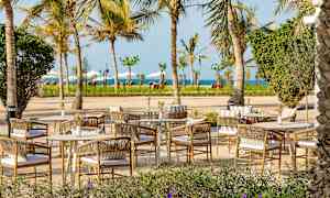 Udendørsområde med borde og stole omgivet af palmer nær havet. (AI-genereret tekst)