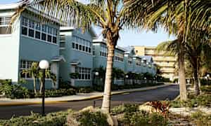 En række blå bygninger med hvide vinduer, omkranset af palmer og en stenhave. (AI-genereret tekst)