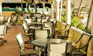 Udendørsområde med borde og stole til siddepladser, omgivet af vegetation. (AI-genereret tekst)