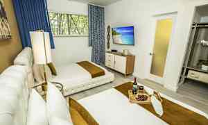 Et lyst soveværelse med to senge, et TV på væggen og en bakke med vin og druer. (AI-genereret tekst)