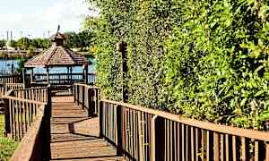 Trægangsti, der fører til en pavillon ved en sø, omgivet af grønne blade. (AI-genereret tekst)