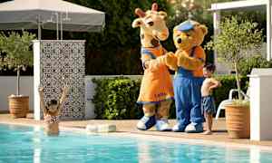 To figurer klædt som en giraf og en bjørn står ved poolkanten i et solrigt miljø. (AI-genereret tekst)