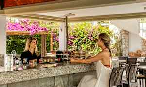 En udendørs bar med to personer, farverige drikkevarer og planter i baggrunden. (AI-genereret tekst)