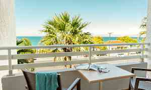 En balkon med udsigt over en palme, havet og nabobygninger. (AI-genereret tekst)