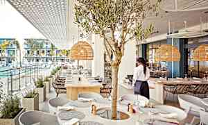 En restaurant med udsigt over en pool og moderne lejligheder, inkluderer en oliventræsdekoration og rottinglamper. (AI-genereret tekst)