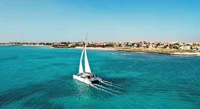 Katamaranen sejler nær kysten ved en by. (AI-genereret tekst)