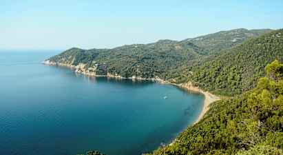 En kystlinje med en bugt omgivet af grønne bjerge og klart blåt hav. (AI-genereret tekst)