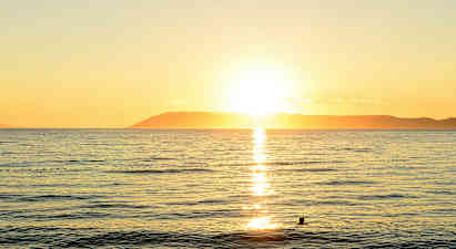 Solnedgang over havet med en silhuet af en svømmende person. (AI-genereret tekst)