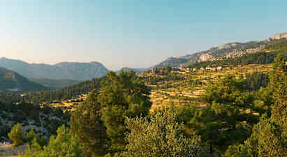 Et landskab med bjerge og træer i forgrunden. (AI-genereret tekst)