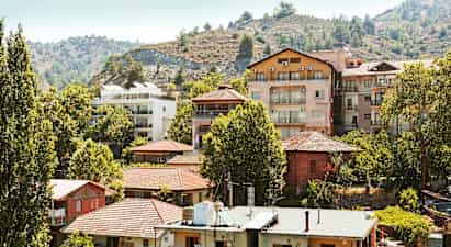 En samling boliger blandt træer ved en skråning. (AI-genereret tekst)