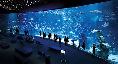 Folk står ved et stort akvarium, der viser forskellige fisk og hajer. (AI-genereret tekst)