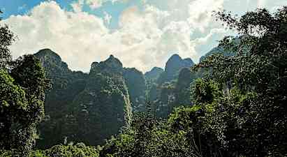 Grønne bjerge med træer og blå himmel i baggrunden. (AI-genereret tekst)