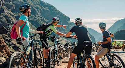 En gruppe mennesker med mountainbikes kigger på en naturskøn udsigt mellem bjerge med grønnende dale. (AI-genereret tekst)