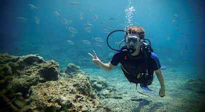 En person i dykkerdragt under vand omgivet af små fisk og med en stenfyldt havbund i baggrunden. (AI-genereret tekst)