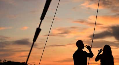 Silhuetter af to personer, der holder glas ved solnedgang med havet og en lille ø i baggrunden. (AI-genereret tekst)