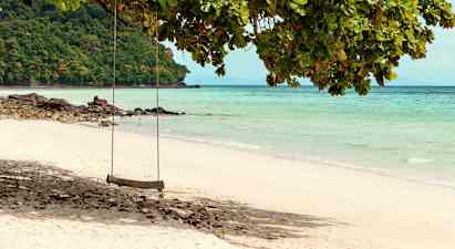 En gynge hænger fra et træ ved en sandstrand med klart vand. (AI-genereret tekst)