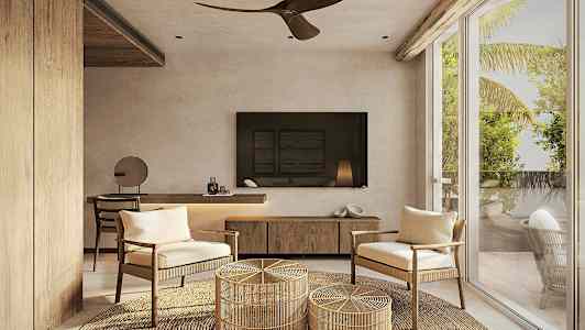 Moderne rum med store vinduer, to stole, og en rottingmatte. (AI-genereret tekst)