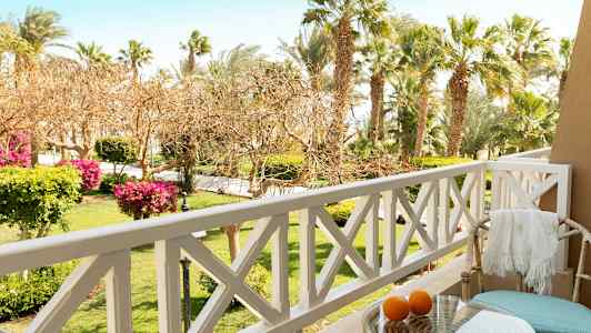 Udsigt fra en altan med udendørsstole, bord og appelsiner, med en have og palmer i baggrunden. (AI-genereret tekst)
