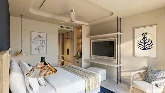 Et moderne hotelværelse med en dobbeltseng, kunst på væggene og et TV. (AI-genereret tekst)